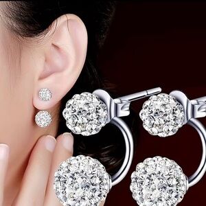 Crystal Ball Double-Stud Silver Earrings - Clear Rhinestone Fashion Jewelry